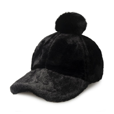 Fur Pom Baseball Cap for Winter – Faux Fur Warm Adjustable Hat