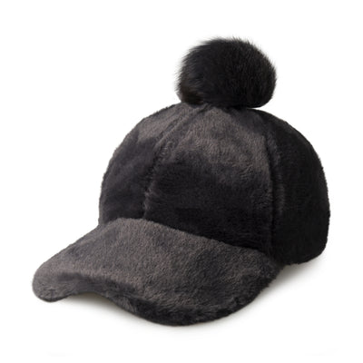 Fur Pom Baseball Cap for Winter – Faux Fur Warm Adjustable Hat