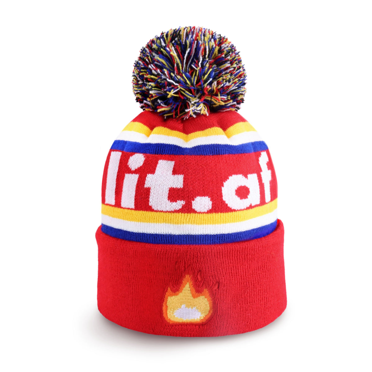 red Lit Design Pom Beanie