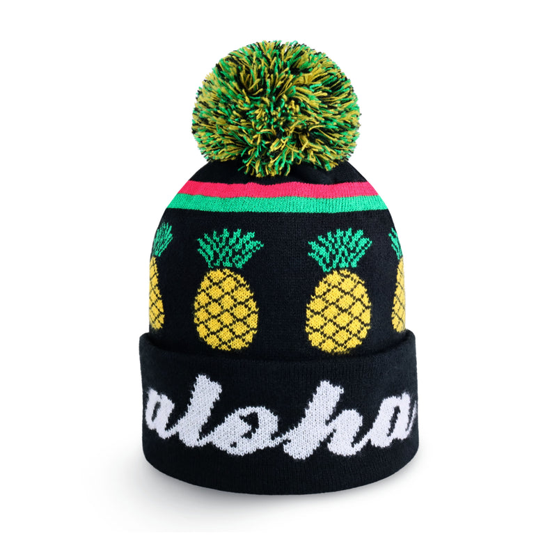 Black Aloha Pom Beanie