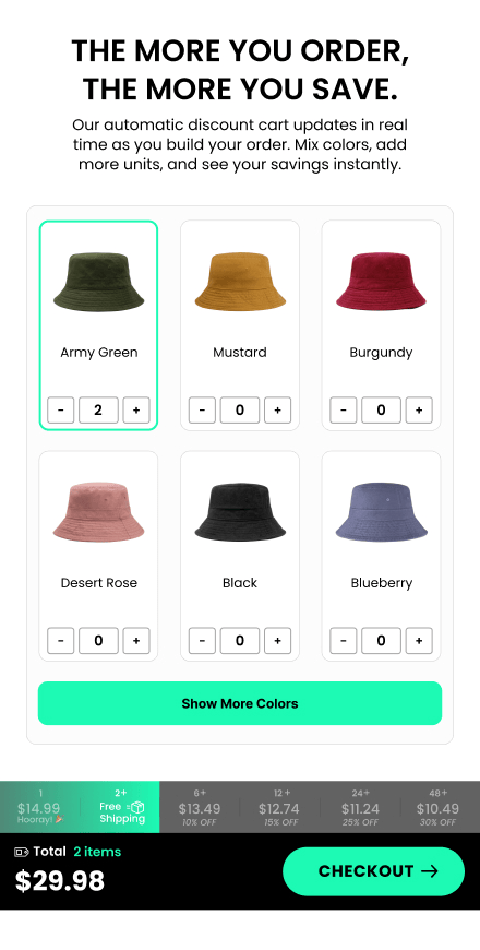 Hat quantities increase through bulk discount tiers, unlocking greater savings and free shipping.