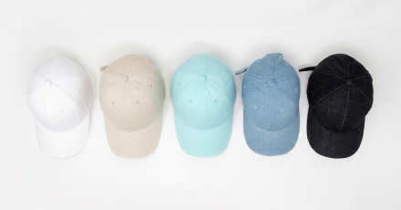 Blank hats in white, beige, aqua, denim, and black
