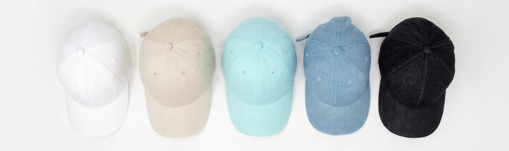 Blank hats in white, beige, aqua, denim, and black